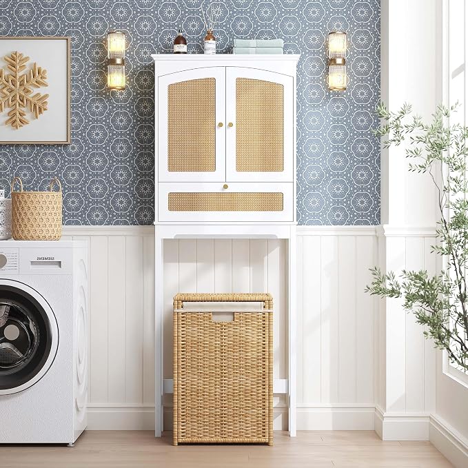 Spirich Over The Toilet Storage Cabinet with Rattan Doors, Over Toilet Bathroom Organizer with Tilt-Out Cube and Adjustable Shelf