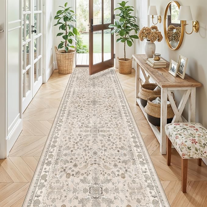 3x10ft Hallway Runner Rug Non-Slip Washable – Soft Long Carpet Runner for Kitchen Indoor Entryway,Boho Floral Low Pile Thin Wide Rug Runner with Rubber Backing (Beige,3x10)