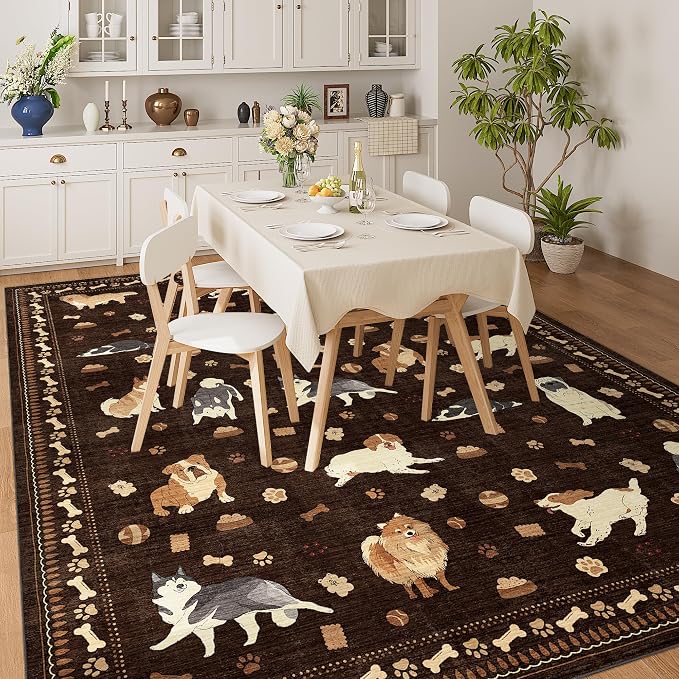 DUKINO 8x10 Area Rug, Non Slip Washable Animal Dog Rug for Living Room, Stain Resistant & Low Pile Indoor Floor Large Carpet for Bedroom, Farmhouse, Nursery, Dining Room, Kids Playroom, Brown