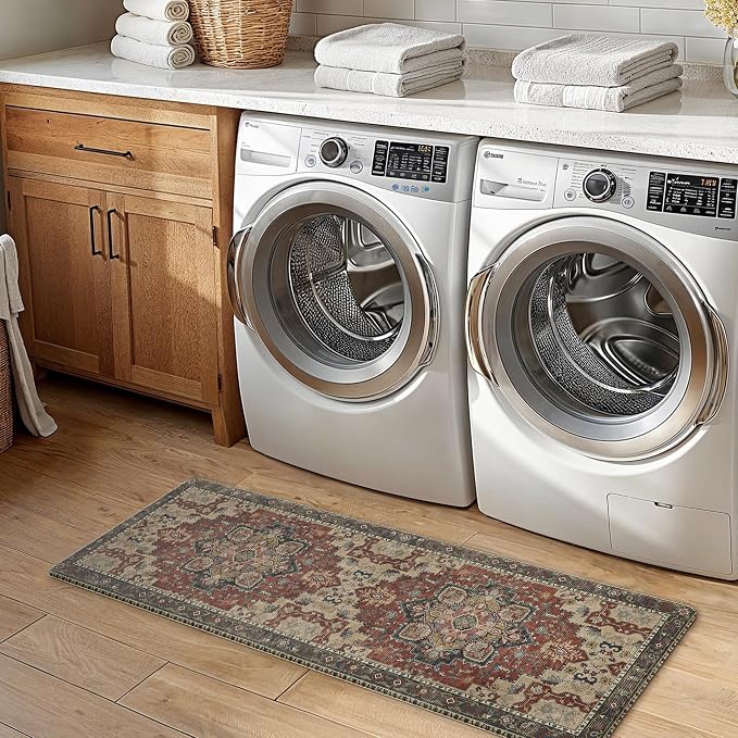 GENIMO Kitchen Mats for Floor 2PCs, Washable Anti Fatigue Mat for Cushioned, 17.3"x47"+17.3"x30", Waterproof Kitchen Rugs, Non Slip Comfort Standing Mat Rug for Home, Sink, Laundry, Bordeaux