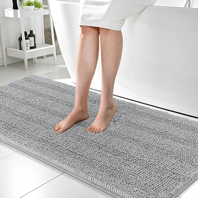 OLANLY Thick Bathroom Runner Rugs 59x24, Absorbent Chenille Striped Bath Rugs, Rubber Backing, Machine Wash, Extra Long Bath Mats for Bathroom Floor, Tub and Shower, Home Decor Accessories, Light Grey