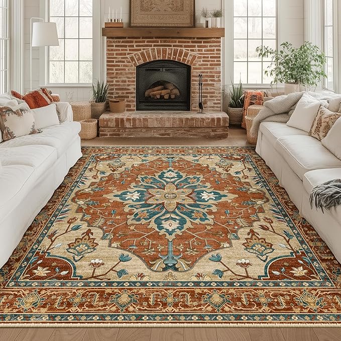 RELEANY Area Rugs Square 8ft Washable Non-Slip, Floral Vintage Distress Medallion Carpet for Living Room Bedroom Dining Room, Red Orange Blue Brown
