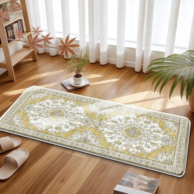 Boho Kitchen Mats for Floor 2 Piece Set Anti Fatigue Cushioned PVC Kitchen Rugs Non Slip Waterproof Farmhouse Mats 2/5 Inch Comfort Standing Mat for Sink, Laundry, 17.3"x47"+17.3"x28", Yellow