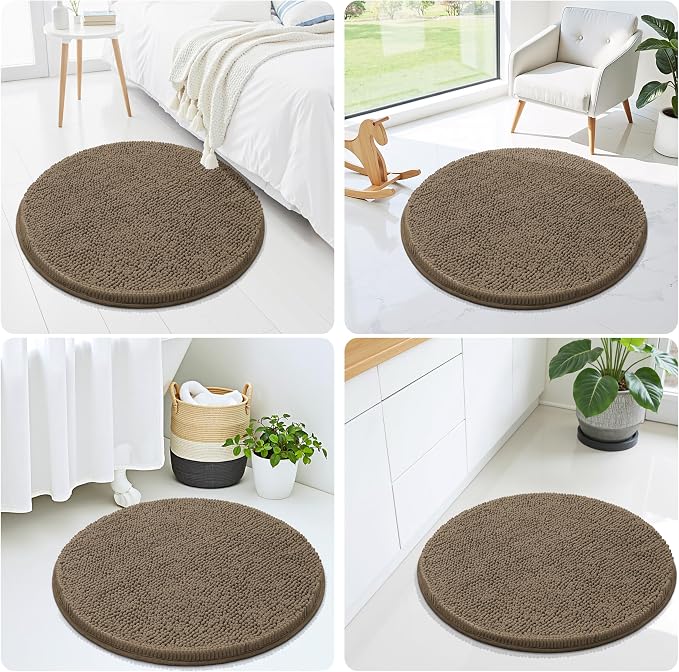 Smiry Luxury Chenille Round 24x24, Extra Soft and Absorbent Shaggy Bathroom Mat Rugs, Machine Washable, Non-Slip Plush Carpet for Tub, Shower, and Bath Room, Camel