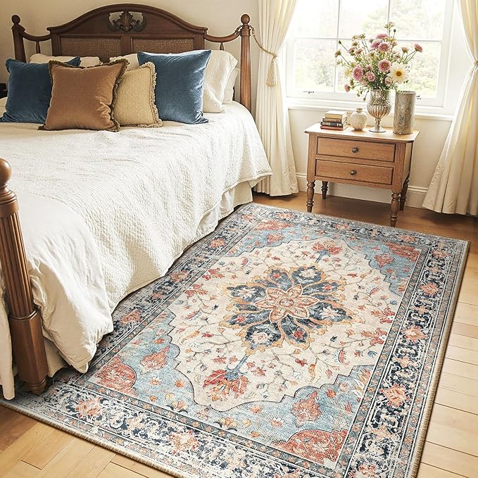 RELEANY Area Rugs 4'x6' Washable Non-Slip, Floral Vintage Distress Medallion Carpet for Living Room Bedroom Dining Room, Beige Navy Blue Orange Colorful