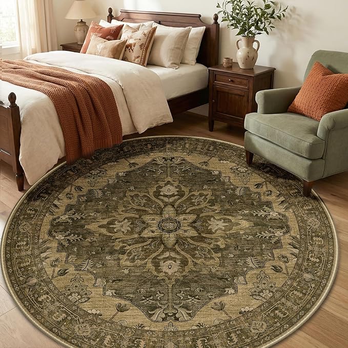 RELEANY Area Rugs Round 6ft Washable Non-Slip, Floral Vintage Distress Medallion Carpet for Living Room Bedroom Dining Room, Brown Dark Brown