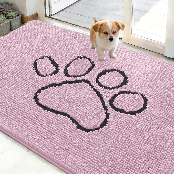 OLANLY Dog Door Mat for Muddy Paws 48x30, Paw Print Design, Absorbs Moisture and Dirt, Non-Slip Washable Doormat, Quick Dry Chenille Mud Mat for Dogs, Entry Indoor Entryway Carpet, Dusty Rose