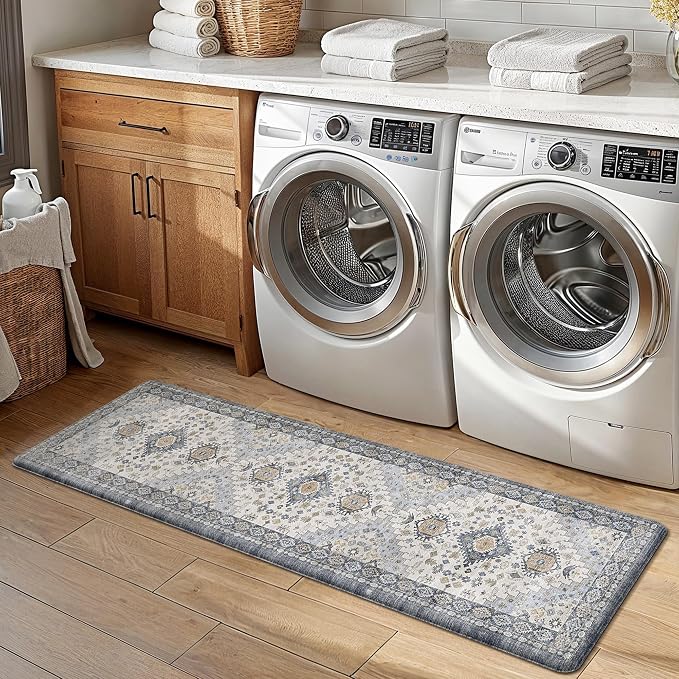 GENIMO Kitchen Mats for Floor, 2PCS Kitchen Rugs Non Slip Washable, Waterproof Anti Fatigue Mat, Comfort Standing Runner Rug for Sink, Office, Laundry, Home, 17.3"x59"+17.3"x30", Muted Blue