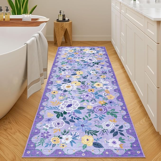 DUKINO Runner Rug, 2.6x8 Kitchen Rug for Hallway with Non Slip Backing, Washable Low Pile Soft Boho Floral Runner Carpet for Hallway, Kitchen, Entryway, Laundry, Bedroom, Purple
