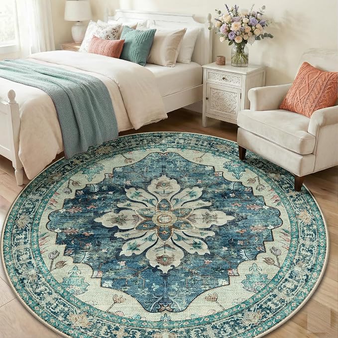 RELEANY Area Rugs Round 6ft Washable Non-Slip, Floral Vintage Distress Medallion Carpet for Living Room Bedroom Dining Room, Dark Blue Vintage