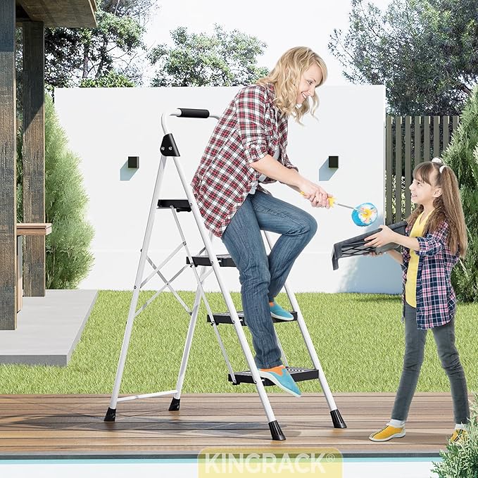KINGRACK 4 Step Folding Ladder, 800lbs Capacity Step Stool with Safety Lock, Non-Skid Wide Pedals, and Handrail, Lightweight, Household Ladder for Home, Kitchen, Pantry, Closets, and Office Use, White