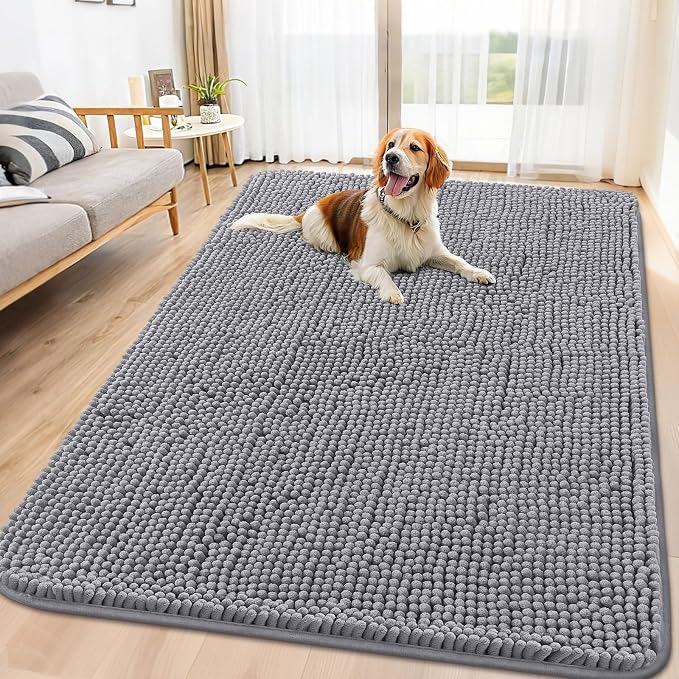 Smiry Dog Door Mat for Muddy Paws 71x46, Absorbent Dirt Trapper, Non-Slip Washable Chenille Entryway Rug for Inside Floor, Grey, Classic Solid