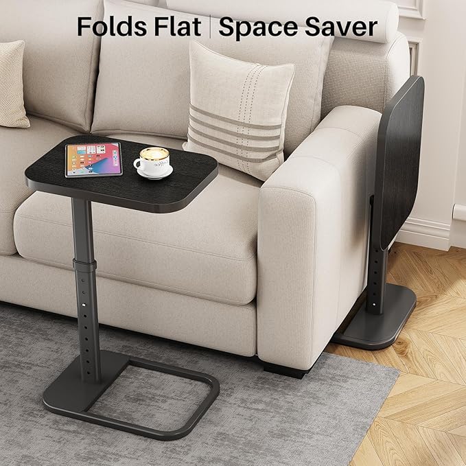 Kitstorack Upgraded TV Tray Table with Panel Lock, Adjustable Height & 90° Flip-Over Design, Sofa Arm End Side Table for Eating, Dinner, Snack, Laptop, Couch, Bed, Chair or Small Spaces, Black