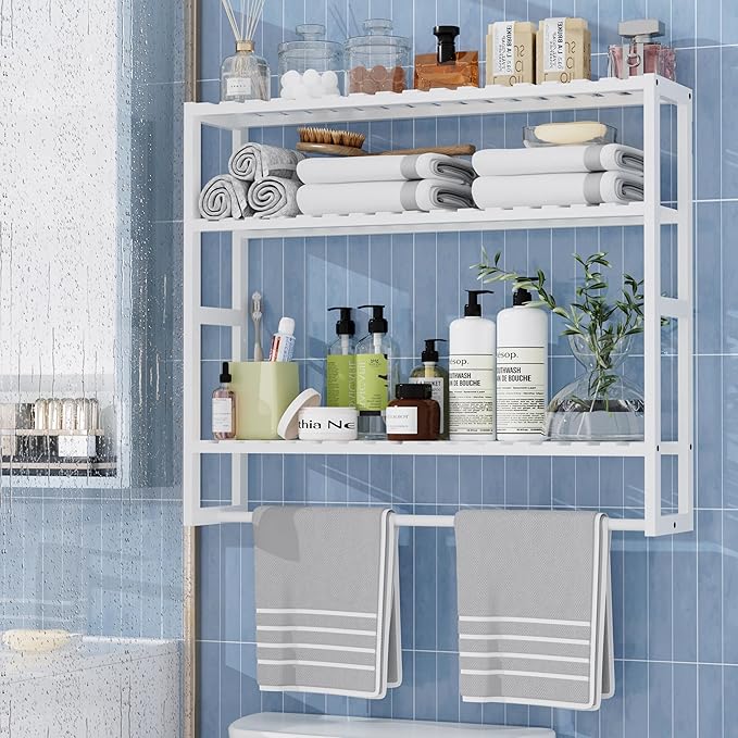 PPN Extra Large Towel Rack Bathroom Storage Shelves Over The Toilet with Towel Bar 100% Bamboo Adjustable Height Floating Shelf Wall Shower Shelf for Small Space Bathroom Kitchen Multi Usage