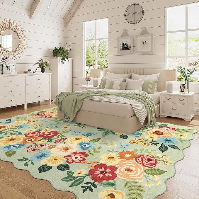 DUKINO 6x9 Area Rug, Floral Washable Rugs for Living Room with Non Slip Backing & Non-Shedding, Lightwight Low Pile Boho Design Large Carpets for Bedroom, Living Room, Dining Room, Green