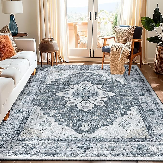 RELEANY Area Rugs 5'x7' Washable Non-Slip, Floral Vintage Distress Medallion Carpet for Living Room Bedroom Dining Room, Light Gray Grey White