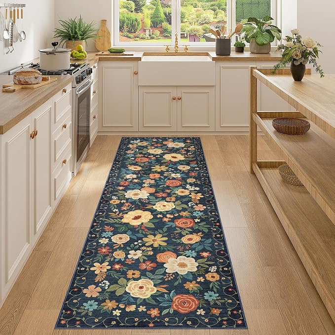 DUKINO Runner Rug, 2x7 Boho Kitchen Rug for Hallways with Low Pile Design, Washable Non Slip Backing Soft Floral Runner for Kitchen, Hallway, Entryway, Bedroom, Laundry, Navy Blue
