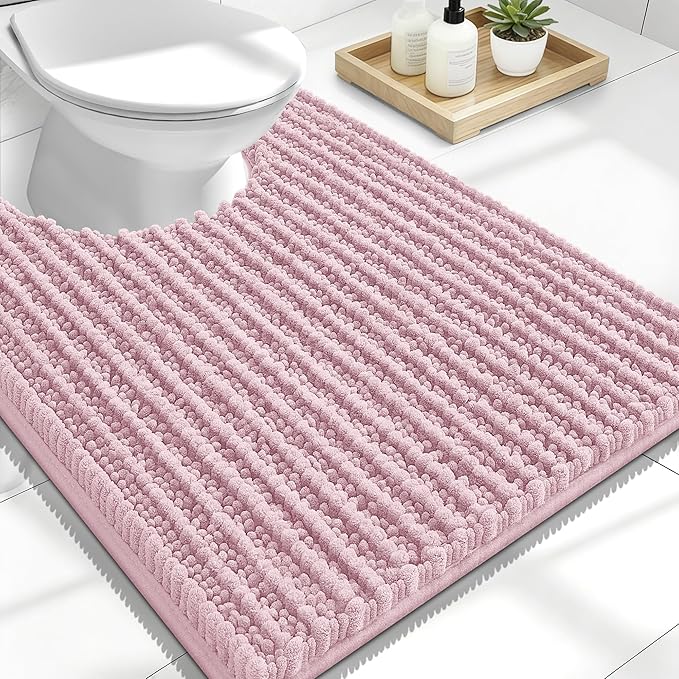 OLANLY Toilet Rugs U Shaped 24x20, Thick Soft and Absorbent Chenille Contour Bath Mat, Non-Slip Rubber Backing, Machine Washable Quick Dry Toilet Mat, Home Decor Accessories, Dusty Rose