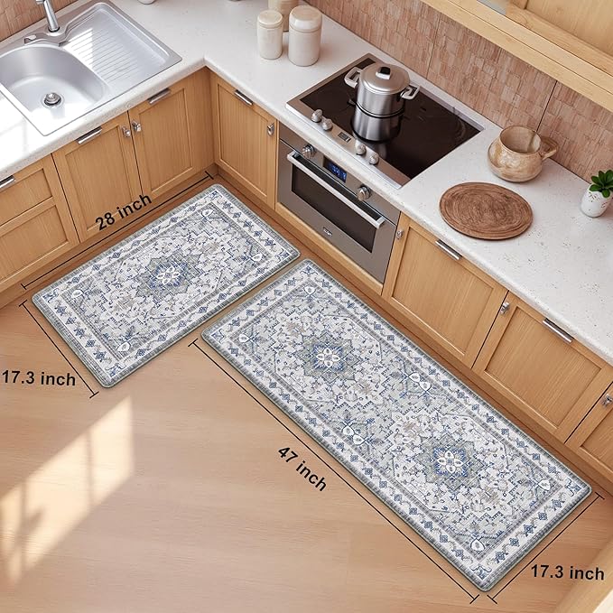 Boho Kitchen Mats for Floor 2 Piece Set Anti Fatigue Cushioned PVC Kitchen Rugs Non Slip Waterproof Farmhouse Mats 2/5 Inch Comfort Standing Mat for Sink, Laundry, 17.3"x47"+17.3"x28", Blue Grey