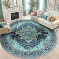 RELEANY Area Rugs Round 8ft Washable Non-Slip, Floral Vintage Distress Medallion Carpet for Living Room Bedroom Dining Room, Teal Green Lake Blue Turquoise