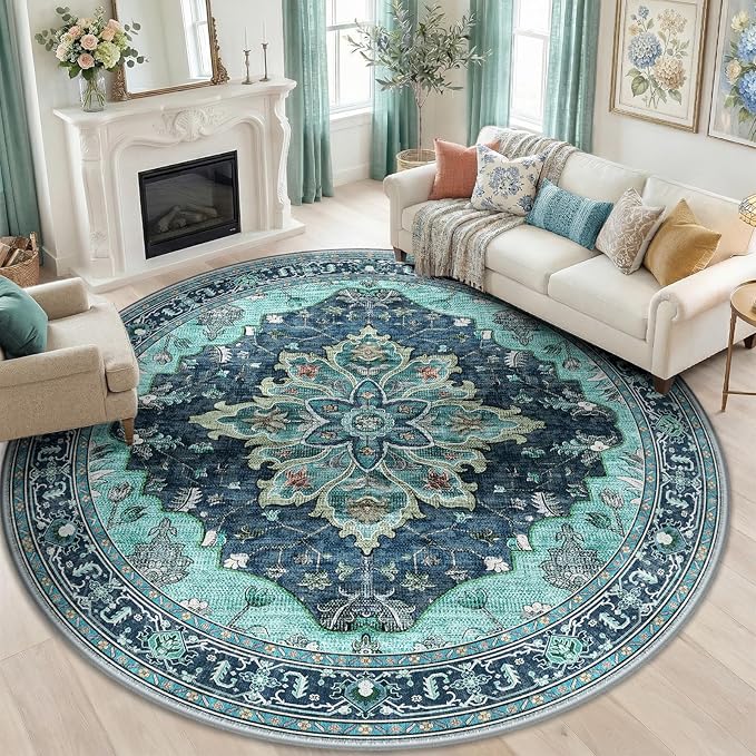 RELEANY Area Rugs Round 8ft Washable Non-Slip, Floral Vintage Distress Medallion Carpet for Living Room Bedroom Dining Room, Teal Green Lake Blue Turquoise