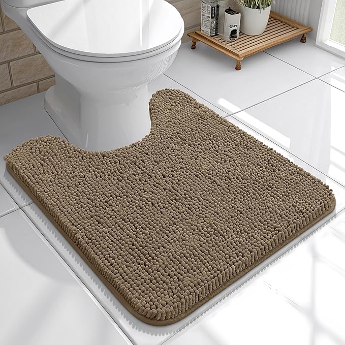 OLANLY Toilet Rugs U-Shaped 20x20, Extra Soft Absorbent Chenille Contour Bathroom Rugs for Toilet, Dry Quickly, Machine Washable, Non-Slip Bath Mat, Tan