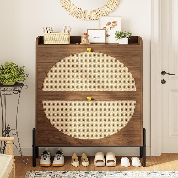 IRONCK Shoe Cabinet Storage with 2 Flip Drawers, Free Standing Wooden Shoe Storage Organizer Cabinet with Rattan Doors for Entryway, Narrow Shoe Rack Cabinet, Walnut