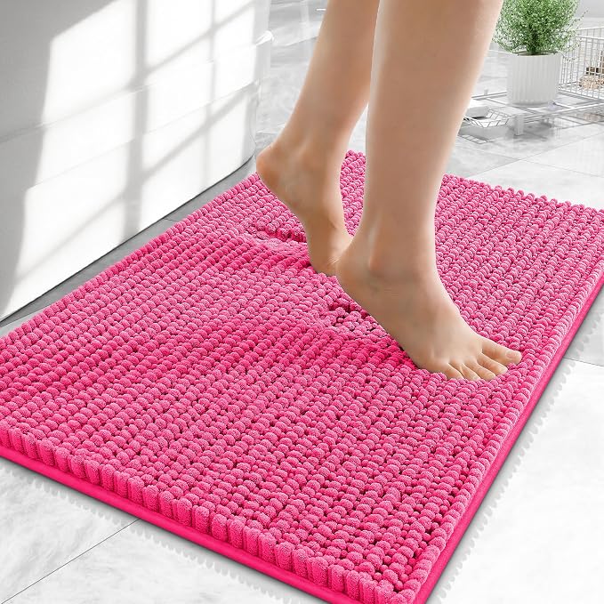 OLANLY Thick Small Bathroom Rugs 24x16, Extra Soft Absorbent Chenille Bath Rugs, Rubber Backing, Machine Wash Dry, Bath Mats for Bathroom Floor, Tub and Shower, Home Decor Accessories, Hot Pink