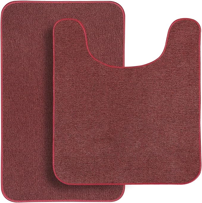 Bath Mat,Ultra Thin Bathroom Rugs,Rubber Bath Mats for Bathroom,No Slip Bath Rugs,Quick Dry,Machine Washable,Low Pile,Absorbent,Shower Outside,Sink,Home Decor Accessories.Red,1'5"x2'3"+1'8"x2" U Shape