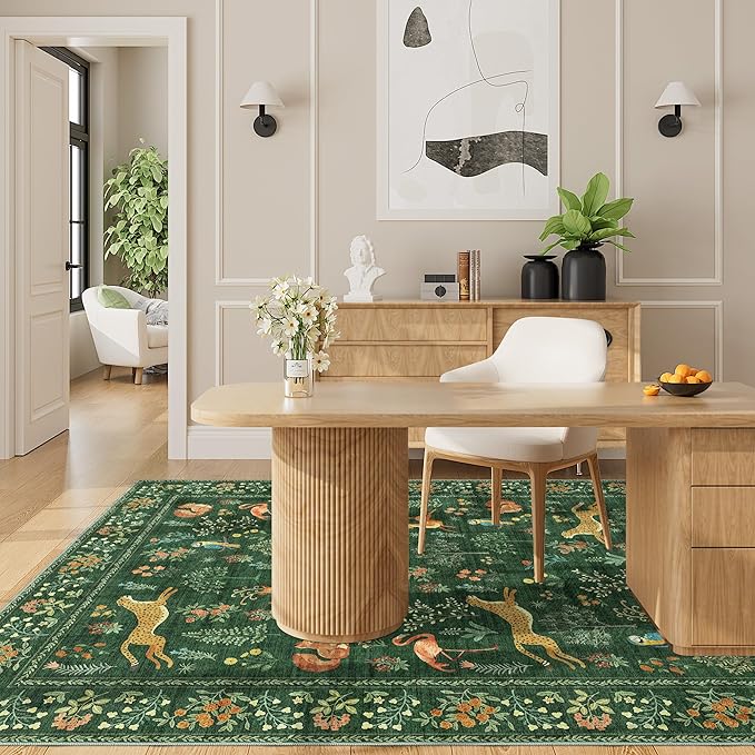DUKINO 4x6 Rug, Washable Animal Area Rug with Non Slip Vintage Design, Indoor Soft Low Pile Carpet for Bedroom, Nursery, Dining Room, Farmhouse, Playroom, Green