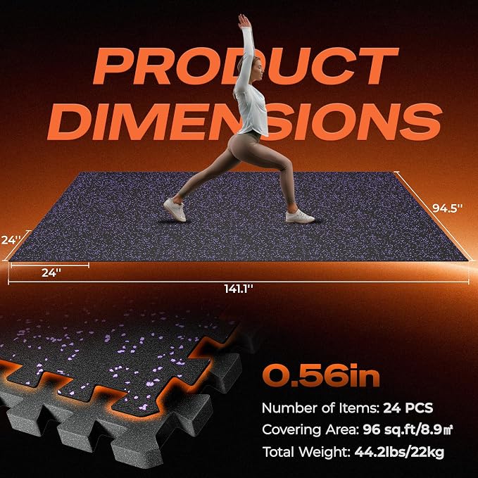 SUPERJARE 0.56'' Thick 24 Pcs 96 Sq Ft Rubber Top Exercise Equipment Mats, High Density EVA Foam Mats with Rubber Top, Interlocking Gym Flooring for Home Gym, Protective Workout Mat, Black/Purple