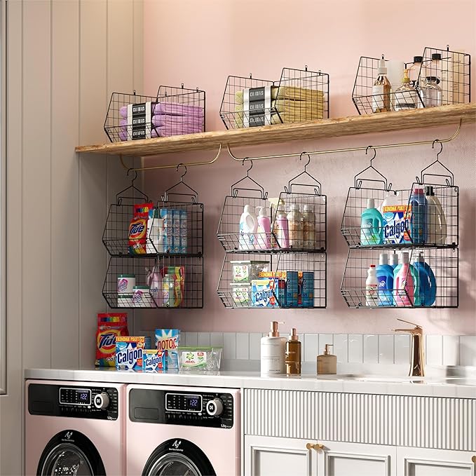 5 Tier Closet Hanging Organizer, Clothes Hanging Shelves with 4 Hanging Hooks 5 S Hooks, Wire Storage Basket Bins, for Clothing Sweaters Shoes Handbags Clutches Accessories Patent Design