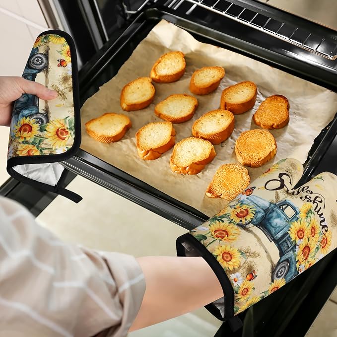 Sunflower Oven Mitts and Pot Holders Sets Vintage Floral Oven Gloves Heat Resistant 4 Pcs Farmhouse Decorative Kitchen Hot Pads and Mitts for Baking Cooking Grilling