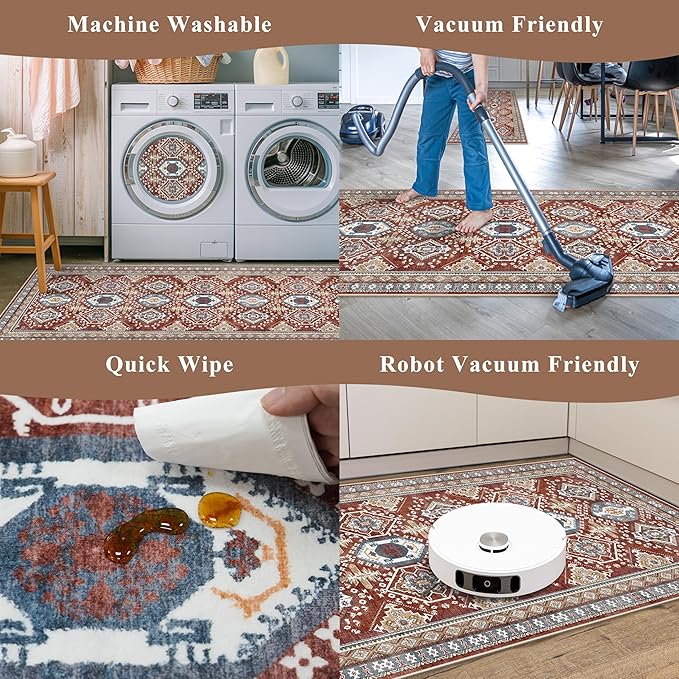 Washable Non-Slip Kitchen Rugs Set of 3 – Boho Soft Mats and Runner for Bathroom, Entryway, Hallway Room – Stain-Resistant Low-Pile Indoor Carpet (Red, 2x3+2x4+2x5)