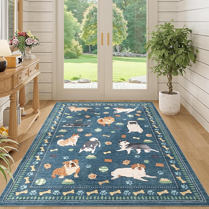 DUKINO 4x6 Area Rug, Non Slip Washable Rug for Living Room with Low Pile Design, Lightweight & Non Shedding Animal Dog Print Indoor Soft Carpet for Bedroom, Dining Room, Kids Room, Office, Blue