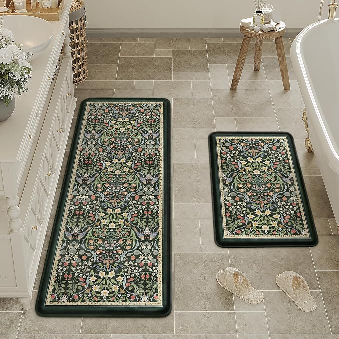 PureCozy Kitchen Mats for Floor 2PCS Anti Fatigue Cushioned Mat Non Slip Comfort Kitchen Rugs Vintage Floral Waterproof Standing Dark Green Mat for Sink Laundry Office Desk 17.3"x47"+17.3"x30"