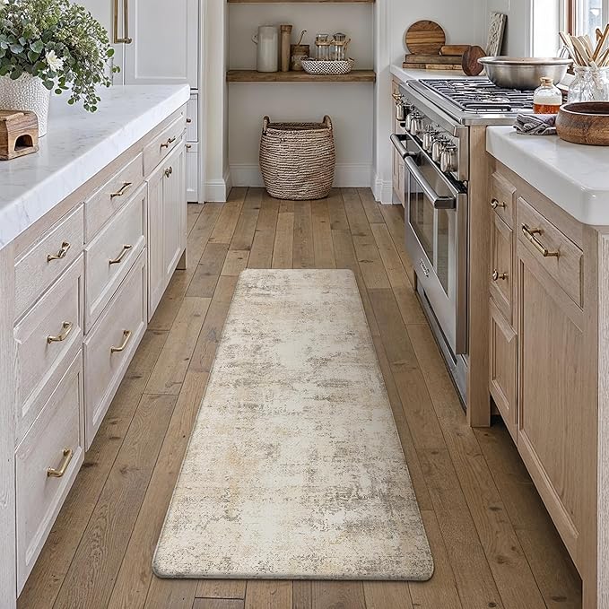 Kitchen Mats for Floor Anti Fatigue Waterproof Kitchen Rug Beige Grey Abstract Cushioned Non-Slip Kitchen Mats Comfort Standing Neutral Mat for Sink Laundry Office 17.3"×59"