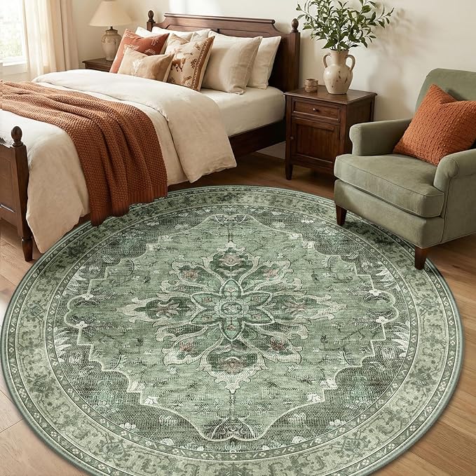 RELEANY Area Rugs Round 6ft Washable Non-Slip, Floral Vintage Distress Medallion Carpet for Living Room Bedroom Dining Room, Dark Green Gray
