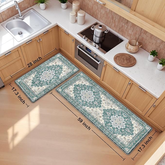 Boho Kitchen Mats for Floor 2 Piece Set Anti Fatigue Cushioned PVC Kitchen Rugs Non Slip Waterproof Farmhouse Mats 2/5 Inch Comfort Standing Mat for Sink, Laundry, 17.3"x59"+17.3"x28", Blue Green