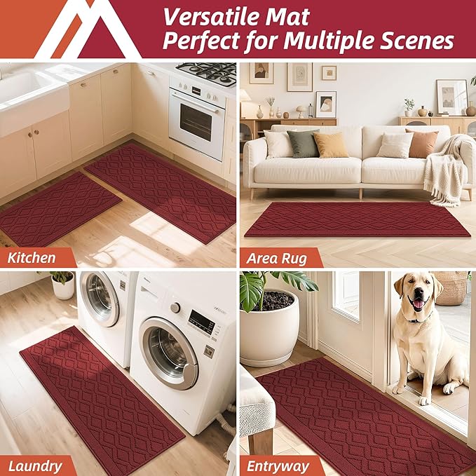COSY HOMEER 60x24Inch/35X24Inch Kitchen Rugs Sets Non-Slip Washable Kitchen Mats for Floor Polypropylene Absorbent Kitchen Runner for Kitchen Sink Hallway Entryway(Red)