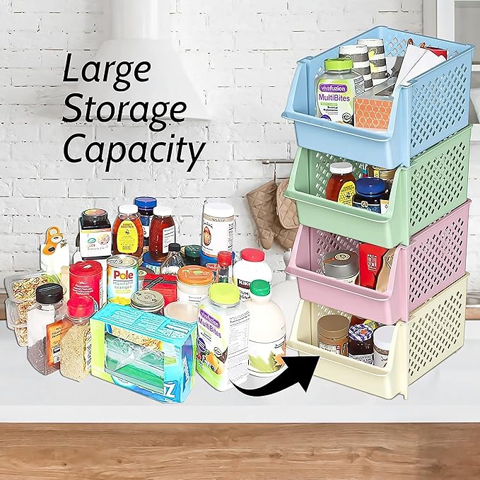 TidyFriend 4 Pack Stackable Storage Bins Open Front for Pantry Organizers and Storage, Pantry Storage for Food, Kitchen and Home Organization, Plastic Storage Bins, Dorm Room Essentials (Multi)