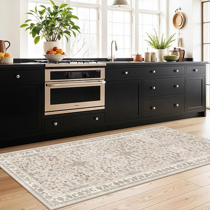 3x7 Washable Non-Slip Kitchen Runner Rug – Soft Low-Pile Stain-Resistant Carpet for Hallway Entryway Bedroom Laundry Room Bathroom – Boho Floral Wide Floor Runner with Rubber Backing (Beige,3x7)
