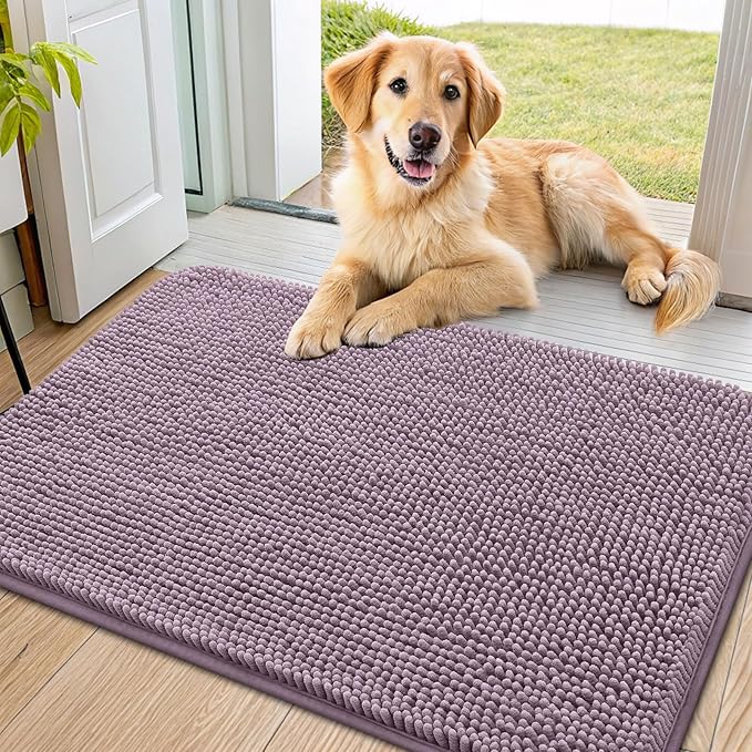 Smiry Dog Door Mat for Muddy Paws 36x24, Absorbent Dirt Trapper, Non-Slip Washable Chenille Entryway Rug for Inside Floor, Deep Plum, Classic Solid