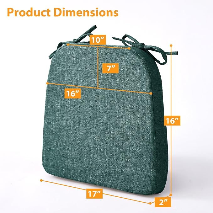 Ruqmuis Chair Cushions for Dining Chairs, 2" Thick Seat Cushions for Kitchen Chairs, D-Shaped Chair Pads with Washable Cover, Ties and Non Slip Backing, 17'' x 16'', Set of 6, Green