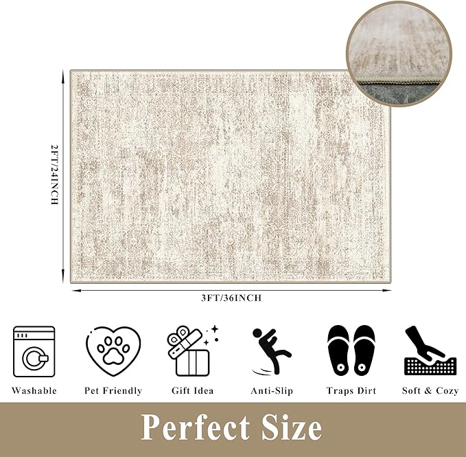 2x3 Feet Washable Entryway Rug, Non-Slip Small Kitchen Throw Mat for Sink, Soft Low-Pile Stain & Fade-Resistant Indoor Mat for Pet Area & Bathroom (Cream/Beige)