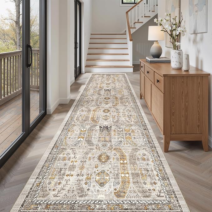 Madane Hallway Rug 3x10, Kitchen Rugs Washable Entryway Rug Vintage Kitchen Runners Non Slip Indoor Area Rug Farmhouse Carpet Runner for Bathroom Living Room Bedroom, Brown/Gold