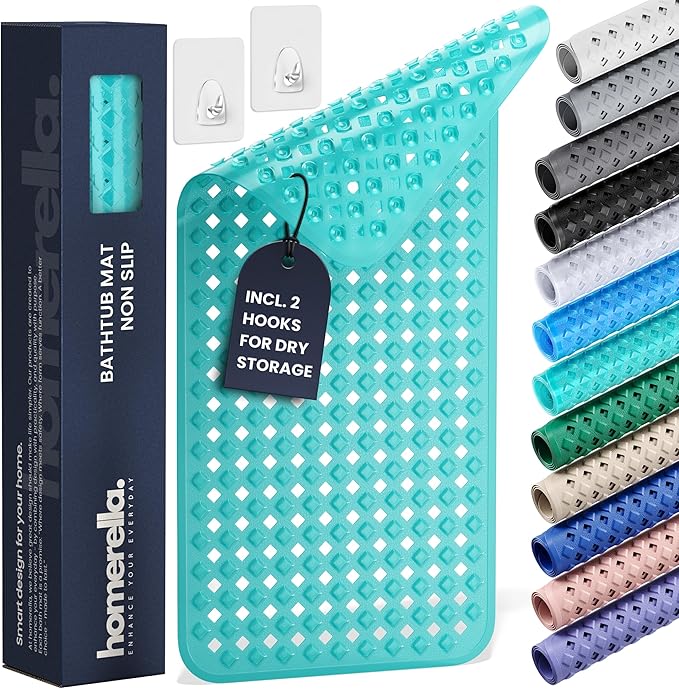 Bathtub Mat Non Slip 35x16 - homerella® Bath Mat Incl. Hooks for Drying, Extra Long, 100% BPA Free, Shower Mat Non Slip Anti Mold, Machine Washable, Shower Mats for Inside Shower Mildew Resistant