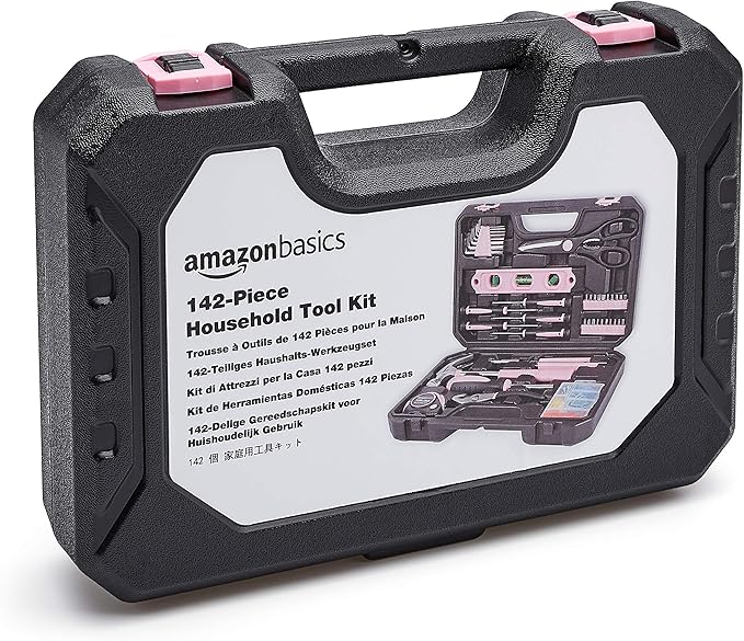 Amazon Basics 142-Piece Household Tool Kit for Home Repair, Hand Tools with Storage Case, 13.39 x 9.25 x 2.95 inch, Pink