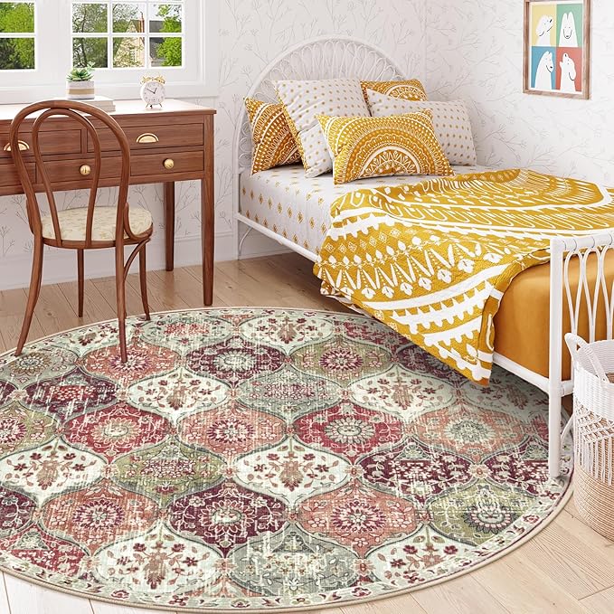 Lahome Moroccan Trellis Washable Round Area Rug, Soft Round Rugs 6ft Ultra-Thin Non-Slip, Vintage Large Circle Carpet for Bedroom Living Room Kitchen Nursery Elise, Orange/Terracotta