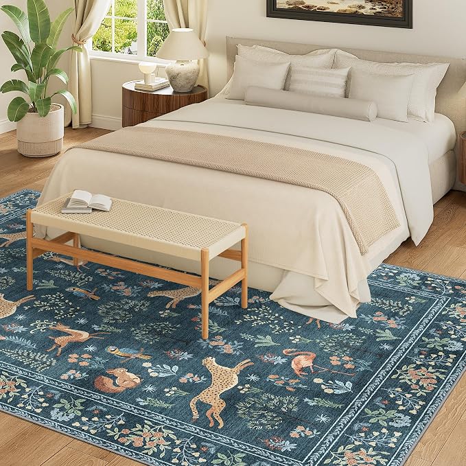 DUKINO 6x9 Rug, Washable Animal Living Room Rug with Non Slip Vintage Design, Soft Low Pile Large Carpet for Bedroom, Nursery, Dining Room, Farmhouse, Playroom, Blue